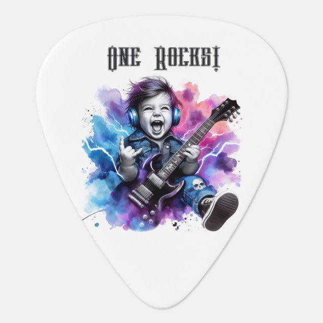 Custom “One Rocks” Baby Guitar Pick Party Favor (Front)