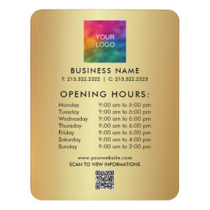 Custom Opening Hours Logo Text QR Code Gold Door Sign