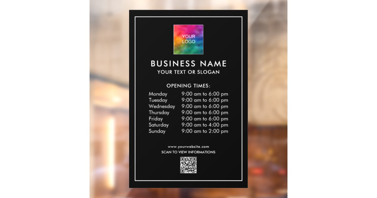 Custom Opening Times Company Logo QR Code Window Cling | Zazzle