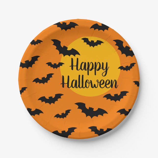 Custom orange and black bats Halloween party Paper Plates (Front)