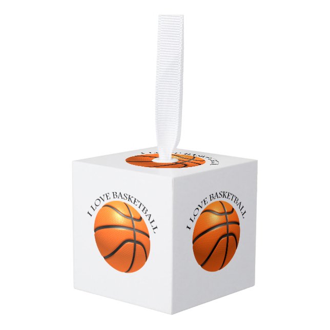 Custom orange and black leather basketball cube ornament (Front Angled)