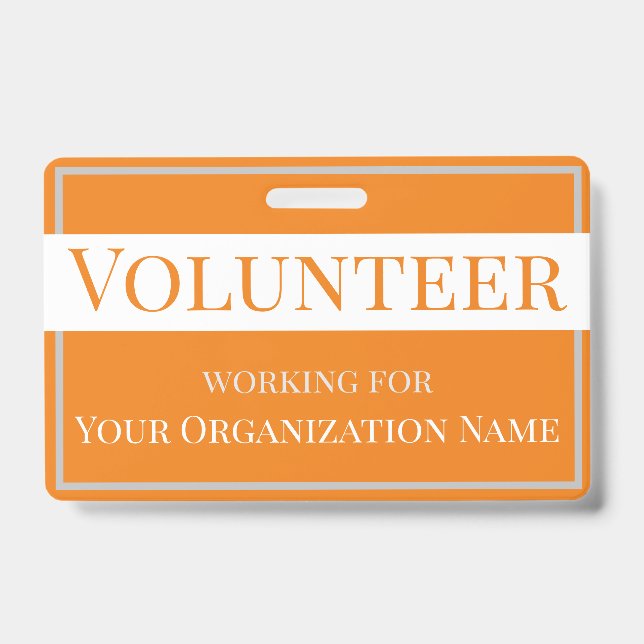 Custom Orange and White Volunteer ID Badge (Front)