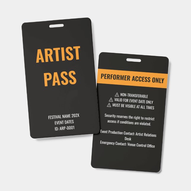 Custom Orange Artist Performer Access Concert ID Badge (Front & Back)