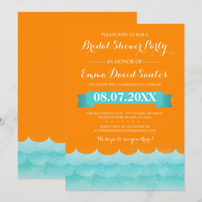 Custom Orange At Sea Nautical Bridal Shower Invitation (Front/Back)