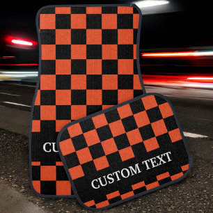Custom Orange Black Checkered Flag Personalized Car Floor Mat
