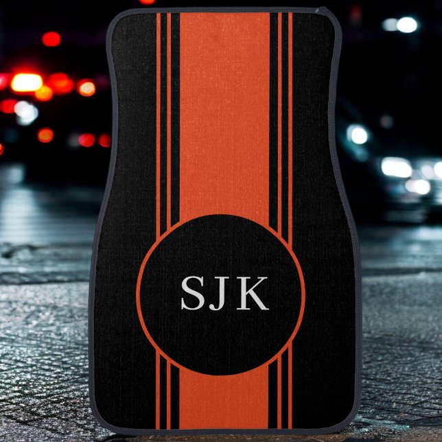 Custom Orange Black Monogram Stripe Car Floor Mat (Creator Uploaded)
