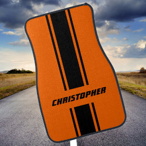 Custom Orange Black Racing Stripes Monogrammed Car Floor Mat