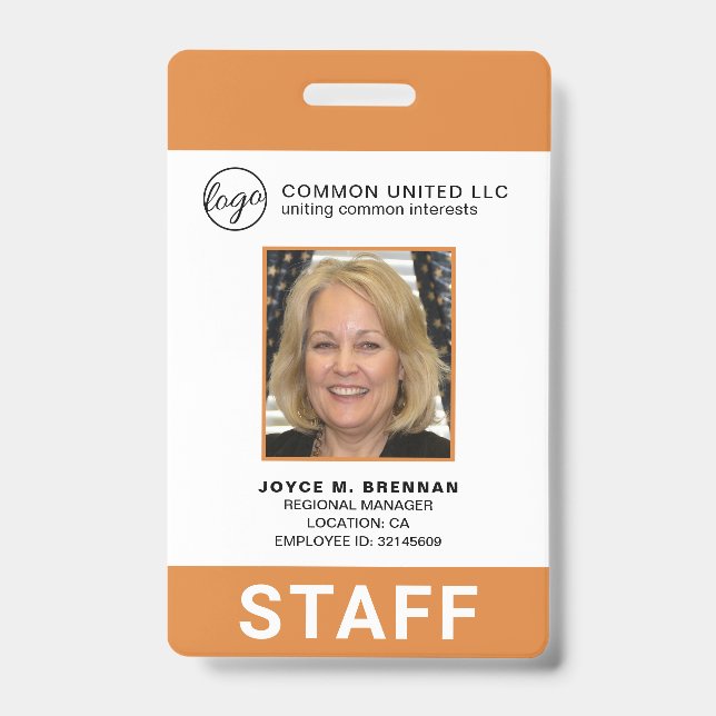 Custom Orange Business Logo Employee Photo ID Badge (Front)