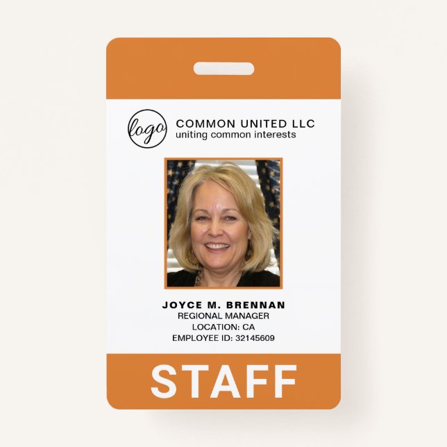 Custom Orange Business Logo Employee Photo ID Badge (Front)