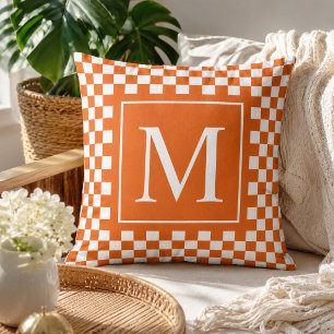 Custom Orange Checkered Monogram Initial Letter Throw Pillow