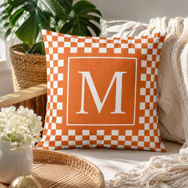 Custom Orange Checkered Monogram Initial Letter Throw Pillow (Creator Uploaded)