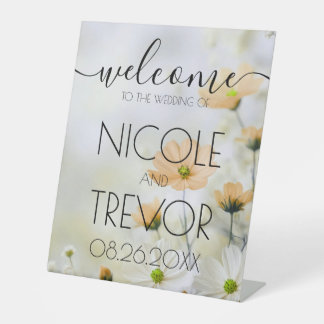 Custom Orange Dainty Flowers Welcome Wedding Pedestal Sign