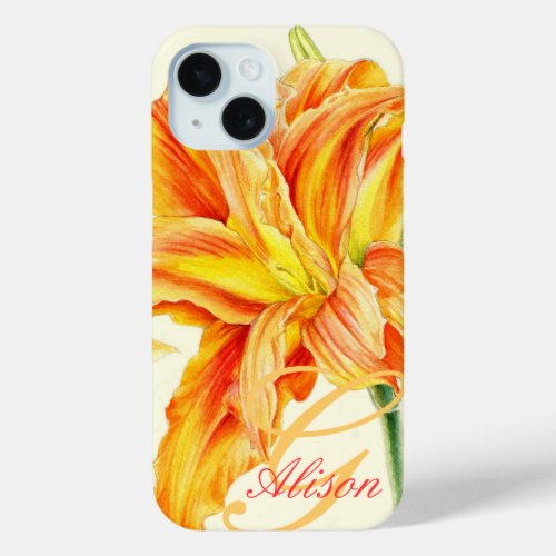 Custom orange daylily floral  iPhone 15 case