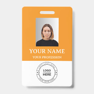 Custom orange Employee Badge with Photo, Logo, QR