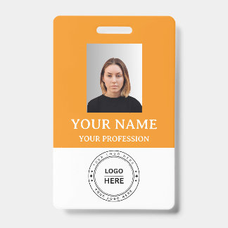 Custom orange Employee Badge with Photo, Logo, QR