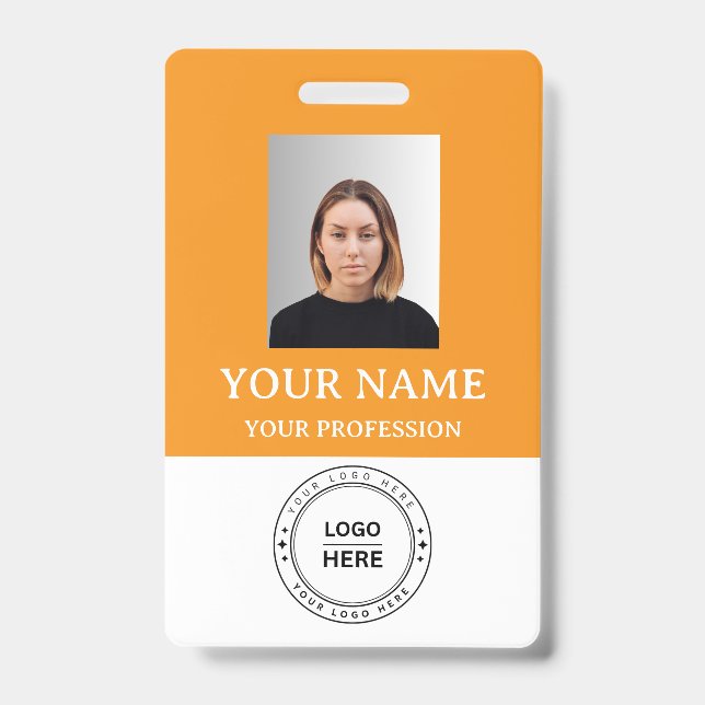 Custom orange Employee Badge with Photo, Logo, QR (Front)