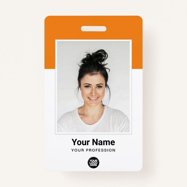 Custom Orange Employee Large Photo, BarCode, Name Badge (Front)