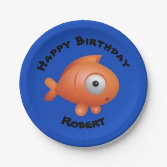 Custom Orange Fish on Blue Birthday Paper Plate