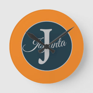 Custom  orange greay blue Monogram Elegant Round Clock