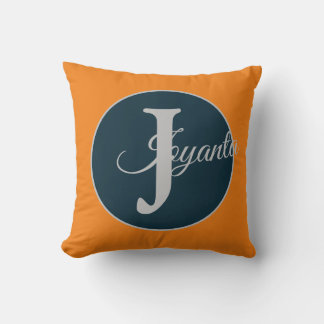 Custom orange greay blue Monogram Elegant Throw Pillow