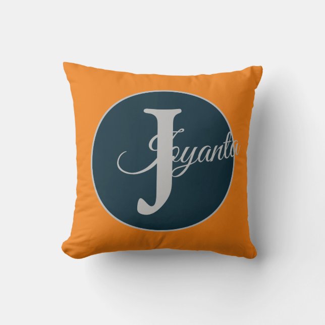 Custom  orange greay blue Monogram Elegant Throw Pillow (Front)