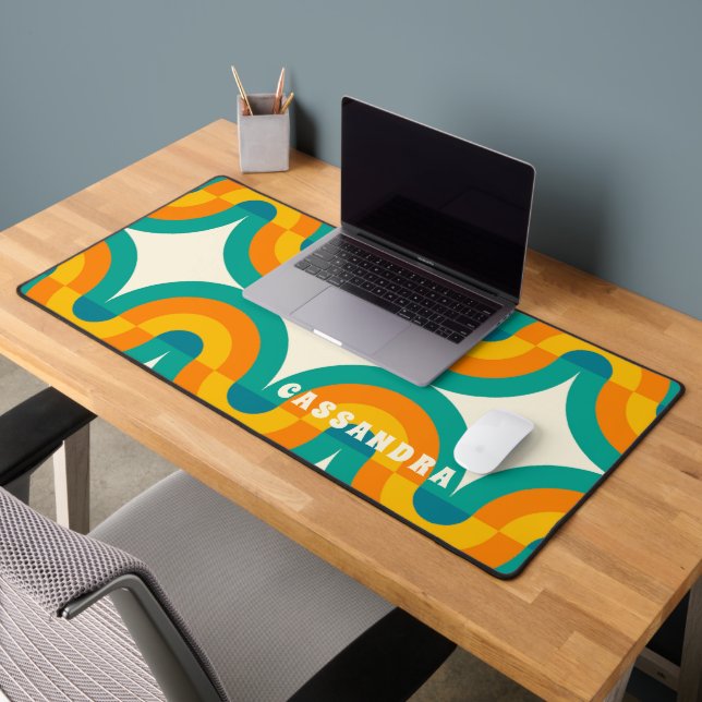 Custom Orange Green Teal Blue Wavy Art Pattern Desk Mat (Office 2)