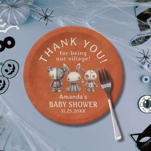 Custom Orange Halloween Takes Village Baby Shower Paper Plates