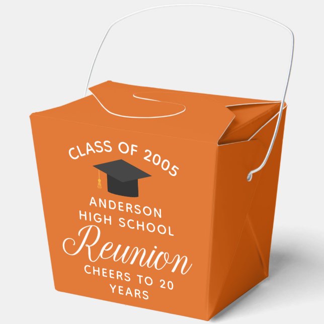 Custom Orange High School Reunion Party Fortune Favor Boxes (Front)
