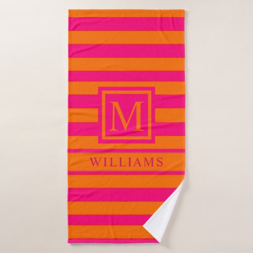 Custom Orange Hot Pink Colorblock Lines Bath Towel