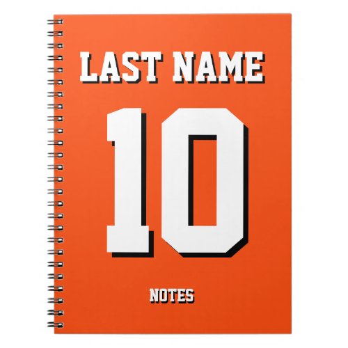Custom Orange Last Name Sports Jersey Number  Notebook