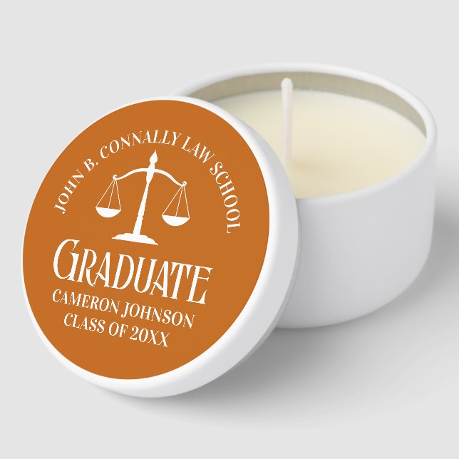 Custom Orange Law School Graduation Party Mini Candle Favors (Corner)