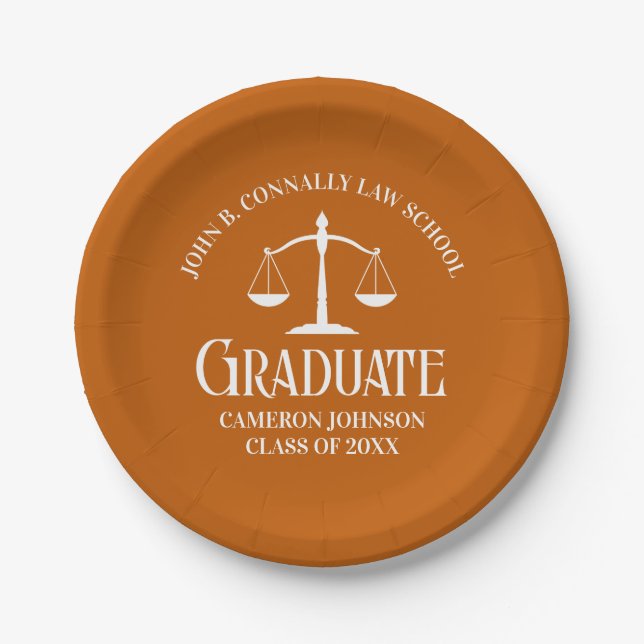 Custom Orange Law School Graduation Party Paper Plates (Front)
