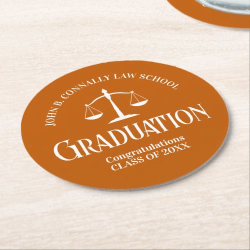 Custom Orange Law School Graduation Party Round Paper Coaster