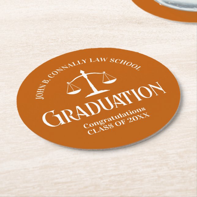 Custom Orange Law School Graduation Party Round Paper Coaster (Angled)