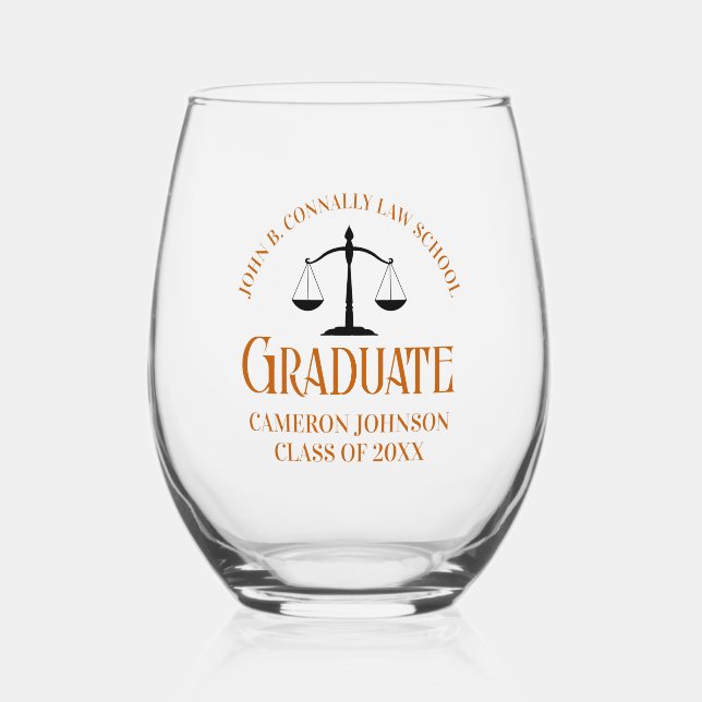 Custom Orange Law School Graduation Party Stemless Wine Glass (Front)