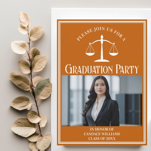 Custom Orange Law School Graduation Photo Party Invitation