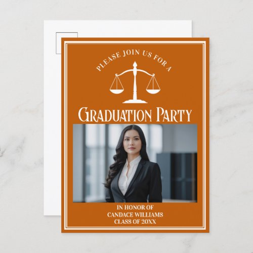 Custom Orange Law School Graduation Photo Party Invitation Postcard