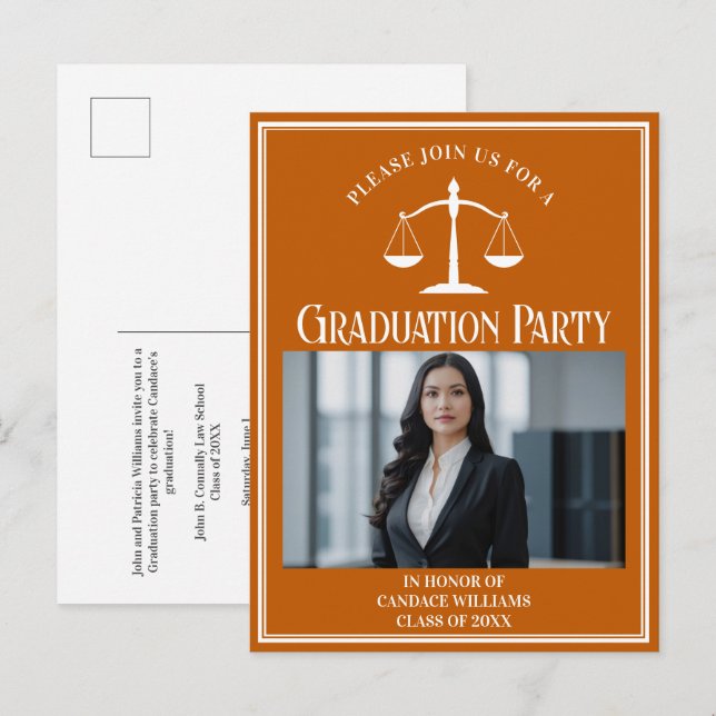 Custom Orange Law School Graduation Photo Party Invitation Postcard (Front/Back)