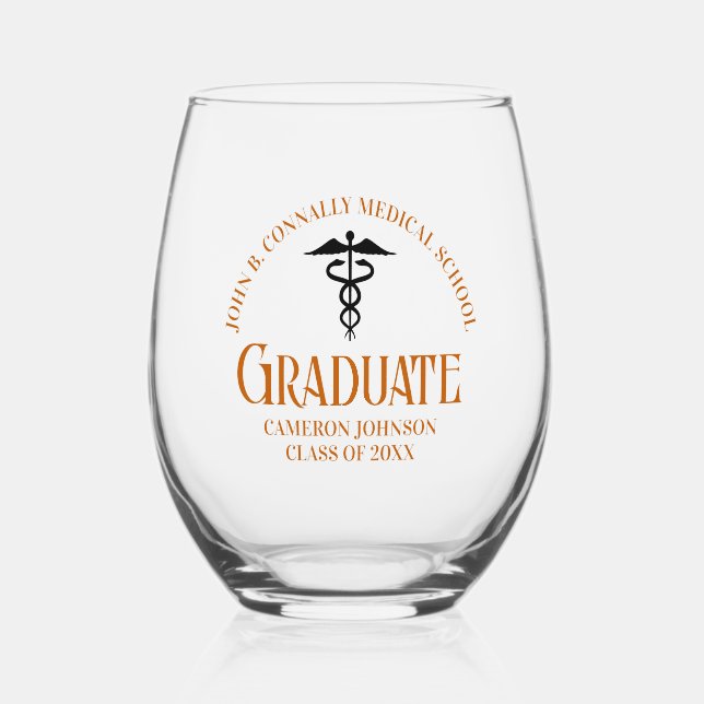 Custom Orange Medical School Graduation Keepsake Stemless Wine Glass (Front)