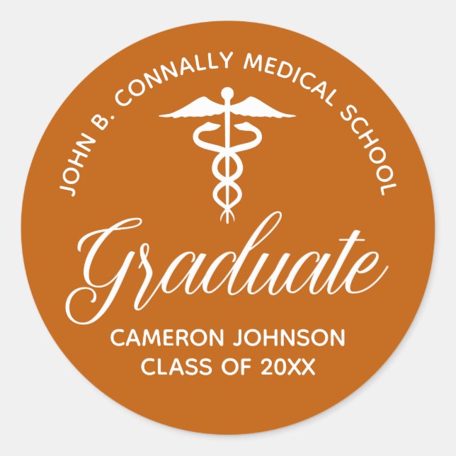 Custom Orange Medical School Graduation Party Classic Round Sticker (Front)