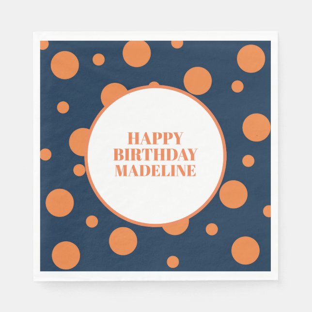 Custom Orange Navy Blue Polka Dot Birthday Party Napkins (Front)