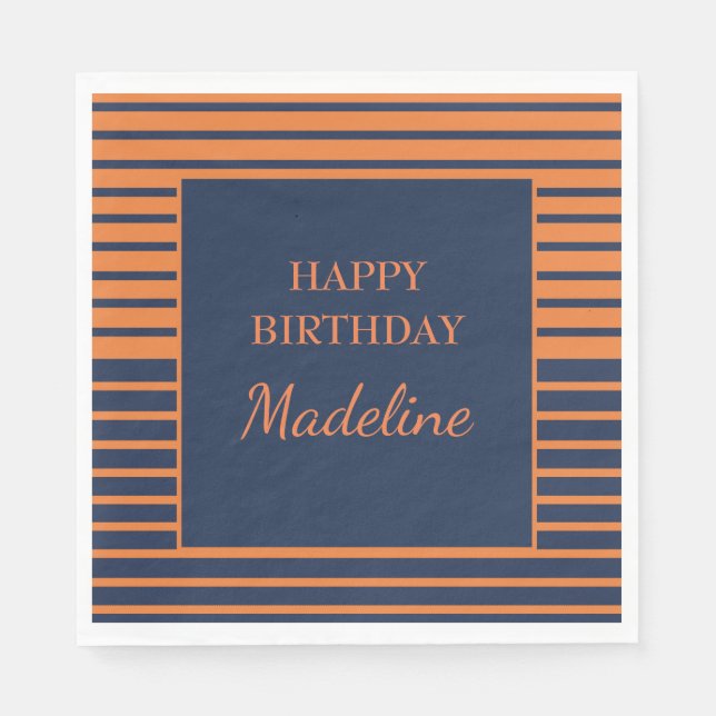 Custom Orange Navy Blue Striped Birthday Party  Napkins (Front)