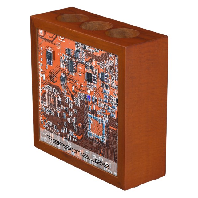 Custom Orange PCB Circuit Board for IT Pros Desk Organizer (Angled)