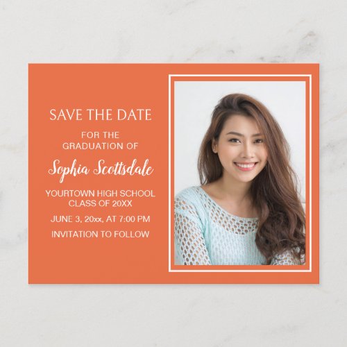 Custom Orange Photo Graduation Save Date Announcement Postcard