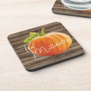 Custom Orange Pumpkin Green Leaves On Woodgrain Beverage Coaster