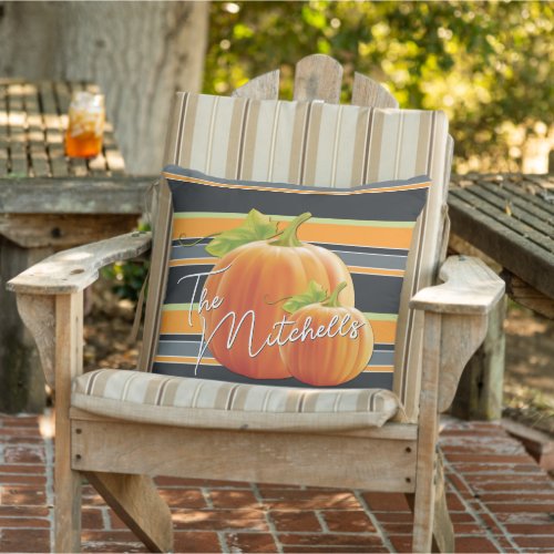 Custom Orange Pumpkin On Vibrant Stripes Pattern Outdoor Pillow