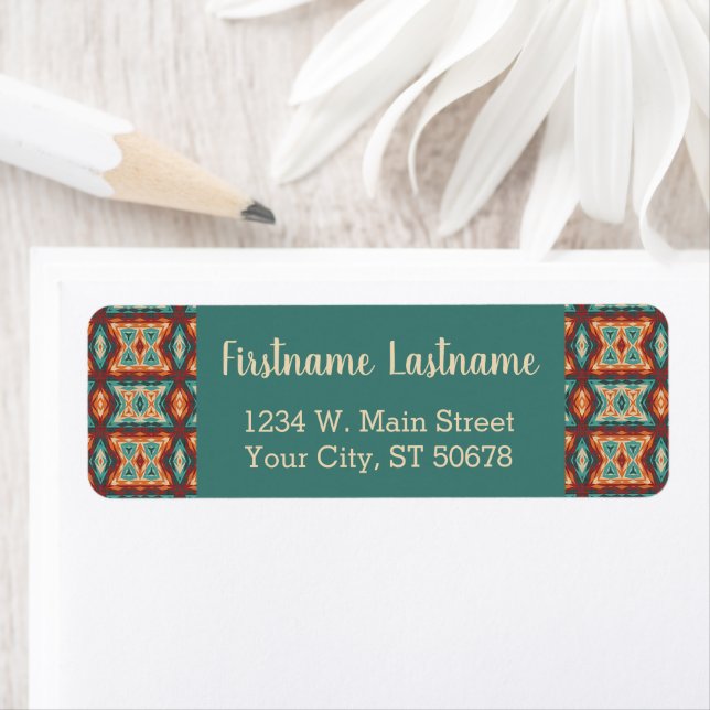 Custom Orange Red Turquoise Rustic Mosaic Pattern Label (Insitu)