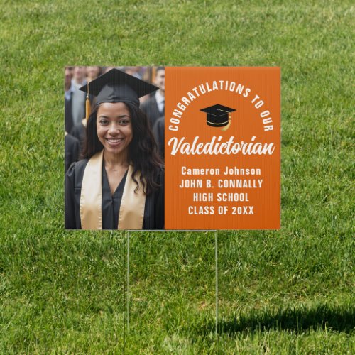 Custom Orange Valedictorian Photo Graduation Yard Sign