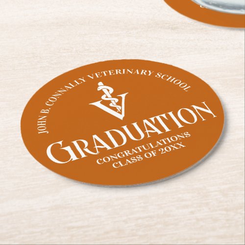Custom Orange Veterinary School Graduation Party Round Paper Coaster