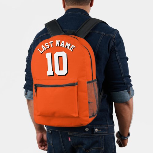 Custom Orange White Last Name Sports Jersey Number Printed Backpack